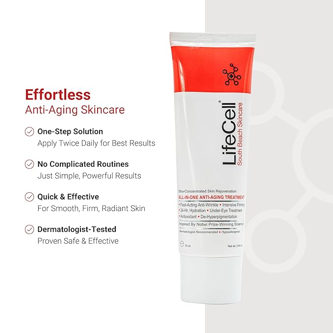 Lifecell South Beach Anti-Aging  Skin Care Reduces Wrinkles, Fine Lines, Dark Circles & Sun Damage – Retinol, Vitamin C, DMAE & Hyaluronic Acid – Fragrance-Free, for All Skin Types